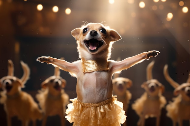 Foto divertido chihuahua bailando en la escena generativa ai