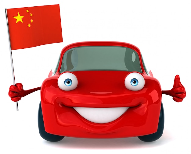 Divertido coche ilustrado sosteniendo la bandera de china