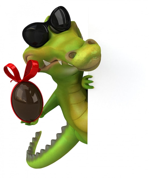 Foto divertido cocodrilo ilustrado sosteniendo un huevo de chocolate