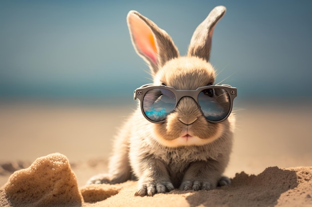 Divertido conejito con gafas de sol geniales descansando en la playa IA generativa