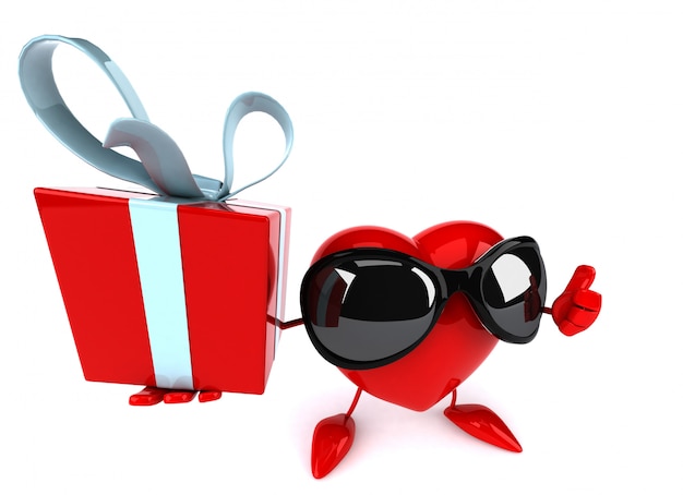 divertido corazón ilustrado sosteniendo una caja de regalo