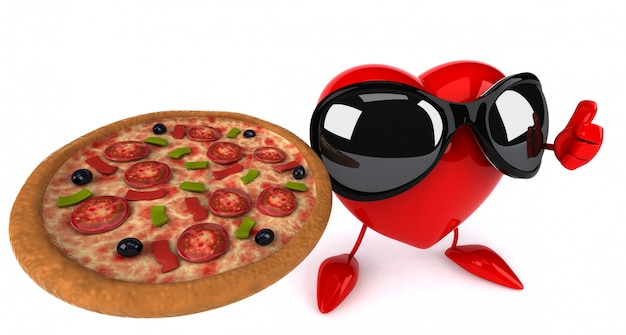 divertido corazón ilustrado sosteniendo una pizza