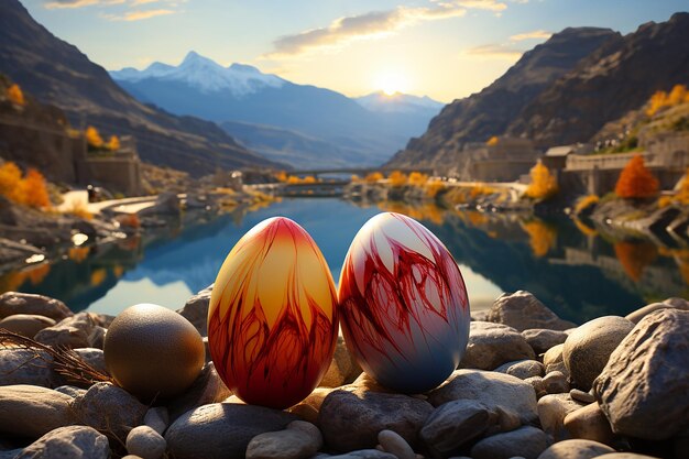 Divertido deleite de Pascua Dos huevos de Pascua de colores en un entorno elegante