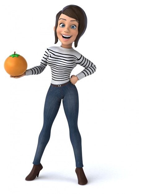 Divertido desenho animado 3d personagem casual mulher com fruta laranja