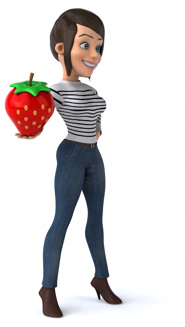 Foto divertido desenho animado 3d personagem casual mulher com morango