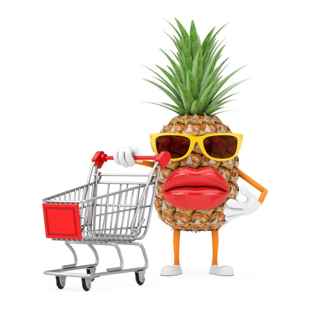 Divertido desenho animado moda hippie corta abacaxi pessoa personagem mascote com carrinho carrinho de compras em um fundo branco. Renderização 3D