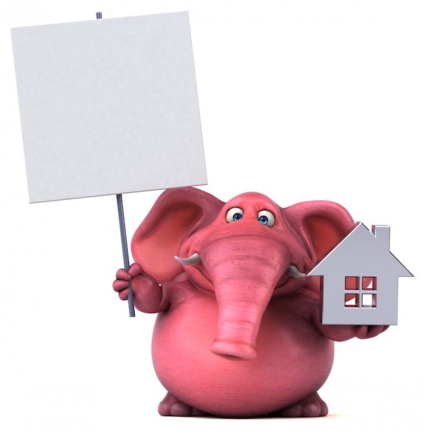 Divertido elefante rosa ilustrado con un símbolo de la casa y un cartel