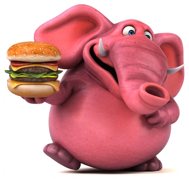 Divertido elefante rosa ilustrado sosteniendo una hamburguesa