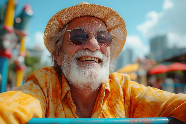 divertido feliz anciano jubilado hombre en sombrero en el patio de recreo al aire libre en verano