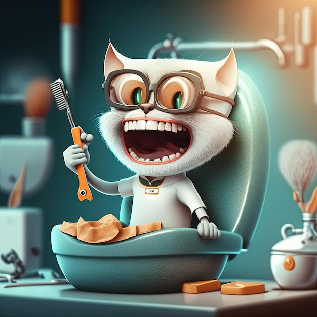 Divertido gato dentista Lindo gatito disfrazado de médico con herramientas de odontología e higiene IA generativa