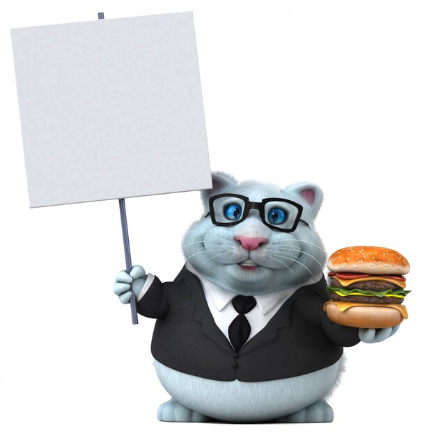 Divertido gato con hamburguesa y tablero en blanco