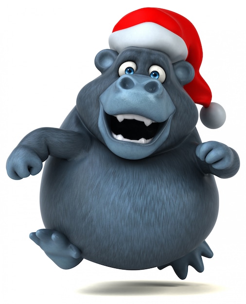 Divertido gorila 3d con un sombrero de Navidad corriendo