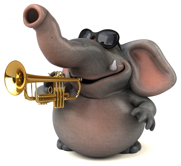 Foto divertido ilustrado 3d elefante tocando la trompeta