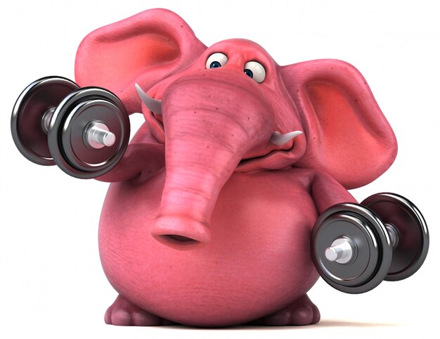 Divertido ilustrado elefante 3D rosa levantando pesos