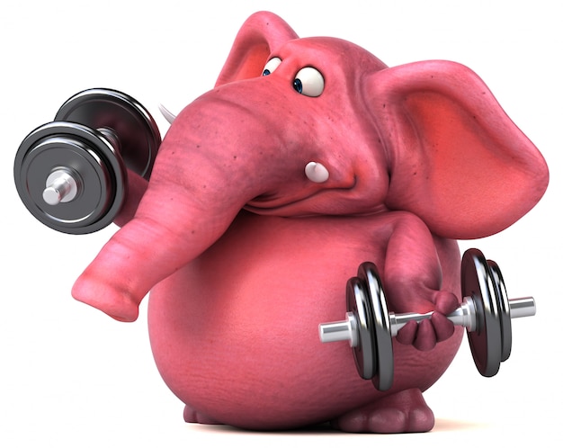 Divertido ilustrado elefante 3D rosa levantando pesos