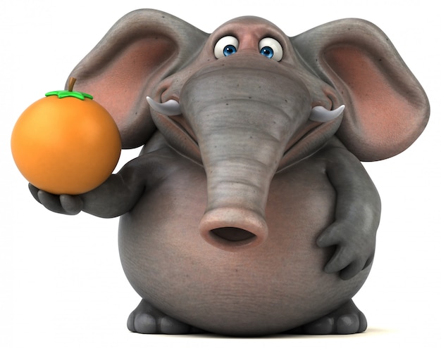 Divertido ilustrado elefante 3D segurando uma laranja