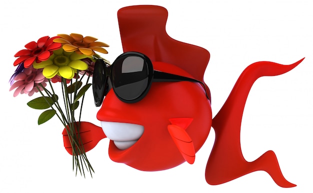 Divertido ilustrado pez rojo con un ramo de flores