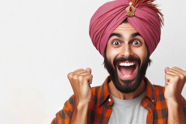 divertido joven indio eufórico sonriendo con turbante sobre un fondo blanco