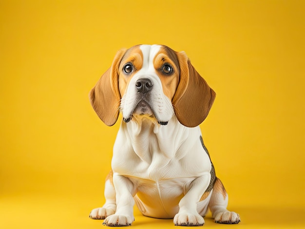 Divertido lindo perro beagle sobre fondo amarillo pastel suave ai generativo