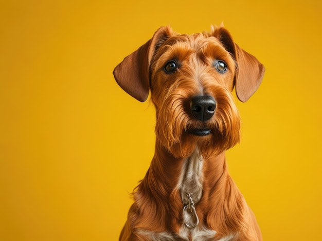 Divertido lindo perro terrier irlandés sobre fondo amarillo suave ai generativo
