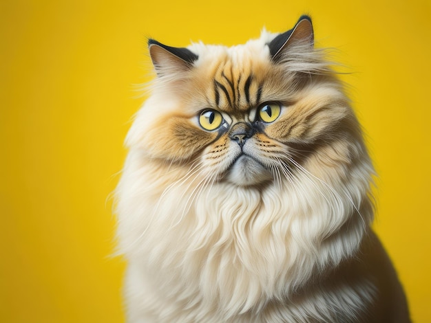 Divertido lindo retrato de gato persa sobre fondo amarillo suave ai generativo