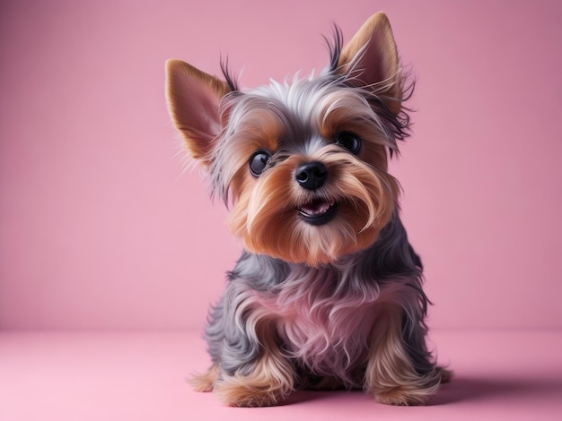 Divertido lindo yorkshire terrier sentarse sobre fondo rosa suave ai generativo