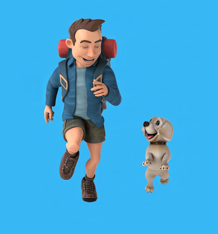 Foto divertido mochiler de dibujos animados en 3d con un perro