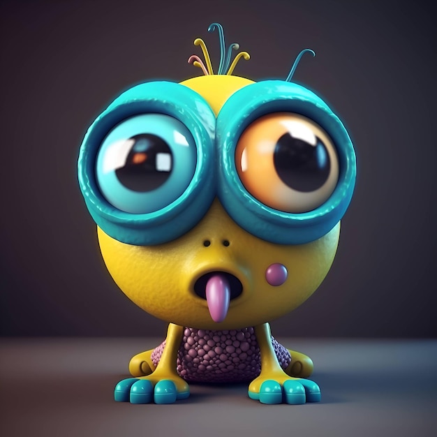 Divertido monstruo amarillo con grandes ojos 3d render ilustración