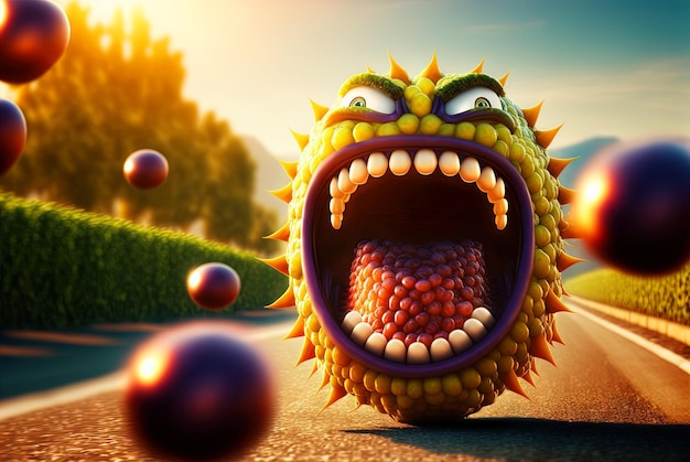 Foto divertido monstruo de frutas exóticas lindo personaje jugoso que expresa frescura y diversión ia generada