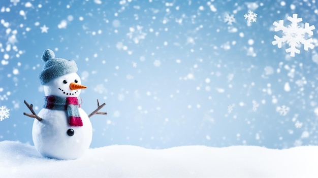 Divertido muñeco de nieve en el fondo de invierno de vacaciones de Navidad Feliz Navidad y Felices Fiestas desea ai generativo