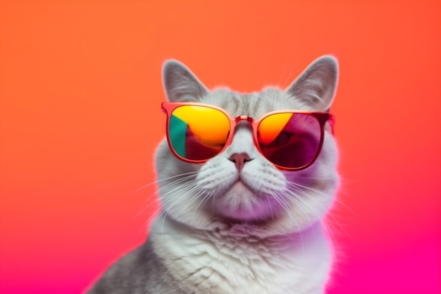 Divertido neón colorido retrato gafas de sol animal mascota moda lindo gato IA generativa