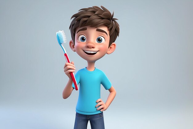 Divertido niño adolescente de dibujos animados en 3D con un cepillo de dientes