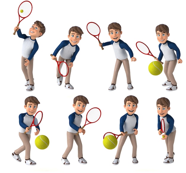 Divertido niño de dibujos animados en 3D jugando al tenis