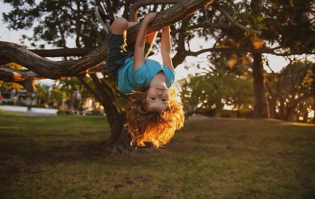 Divertido niño rubio activo disfrutando escalando en el árbol Niño pequeño aprendiendo a escalar divirtiéndose en el jardín al aire libre