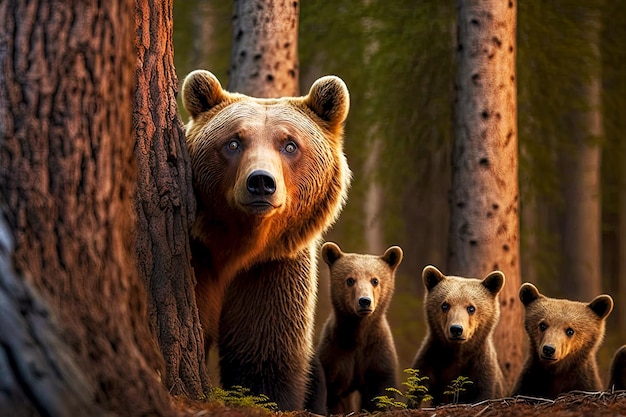 Divertido oso curioso con cachorros se asoma a la cámara creada con ai generativo