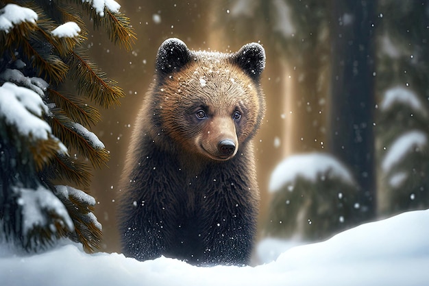 Divertido oso esponjoso con cachorros sentados en la nieve por abeto