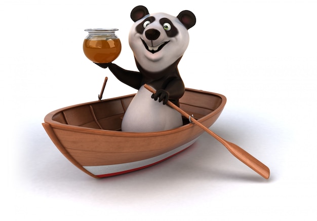 Divertido oso panda 3d en un bote con un tarro de miel