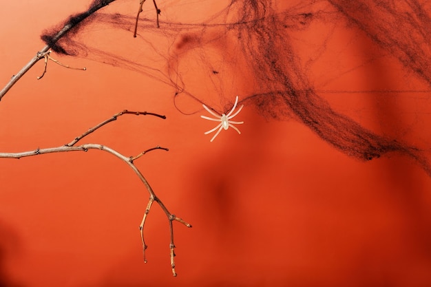 Foto divertido paisaje de halloween. rama de árbol y telaraña con arañas sobre fondo naranja