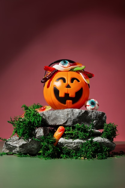 Divertido paisaje de Halloween. Truco o trato. Pumpkin Jack lleno de varios dulces espeluznantes se encuentra sobre piedras y musgo