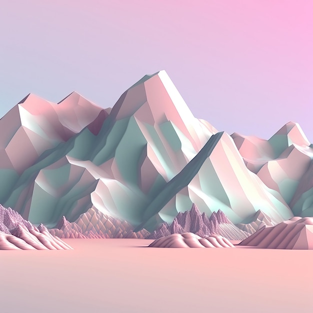 Divertido paisaje ultra suave con montañas aisladas sobre fondo rosa Colores pastel Cartel colorido y pancarta Ilustración 3D de estilo minimalista de dibujos animados