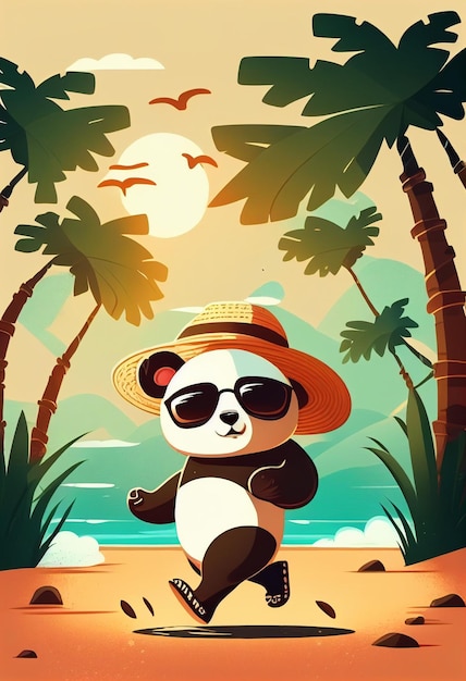 Un divertido panda con gafas de sol y un sombrero camina alegremente directamente hacia la cámara.