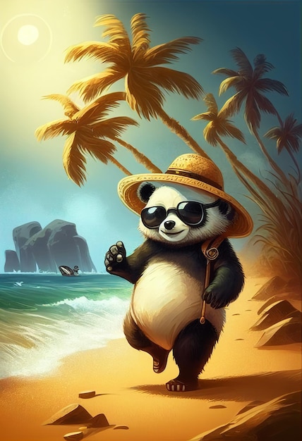 Un divertido panda con gafas de sol y un sombrero camina con el telón de fondo de un paisaje marino con palmeras generadas por IA