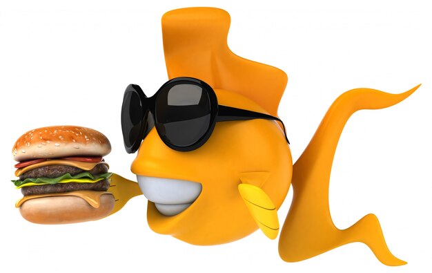 divertido peixe ilustrado segurando um hambúrguer