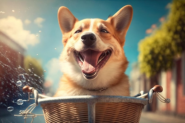 Divertido perro charco sonriente en una cesta de bicicleta paseos en un día soleado AI generativo AIG15
