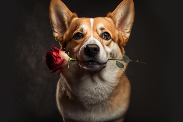 Divertido perro corgi galés con una rosa roja en la boca ilustración realista AI generativa