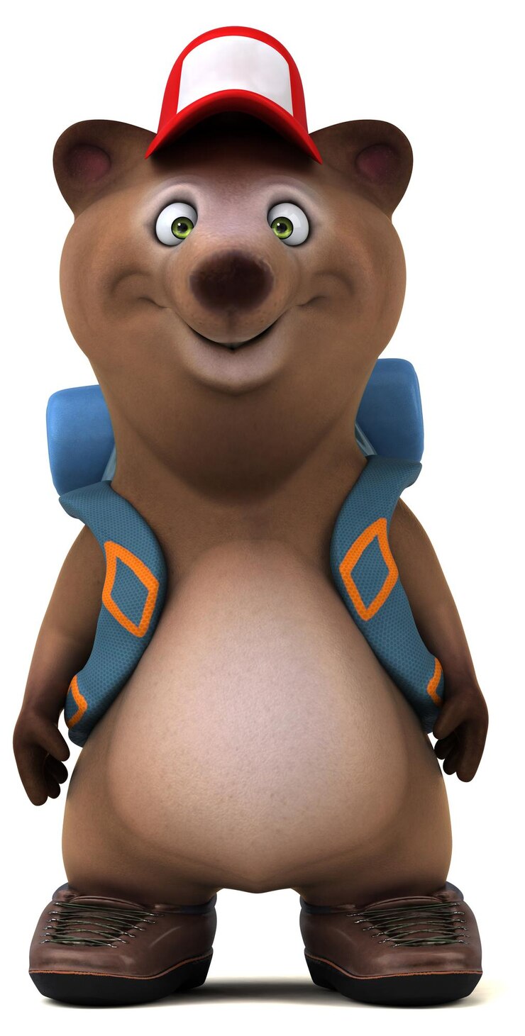 Foto divertido personagem de desenho animado de mochileiro de urso 3d