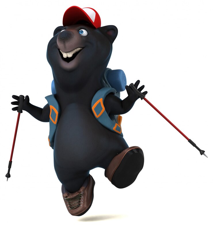 Foto divertido personagem de desenho animado de urso 3d mochileiro