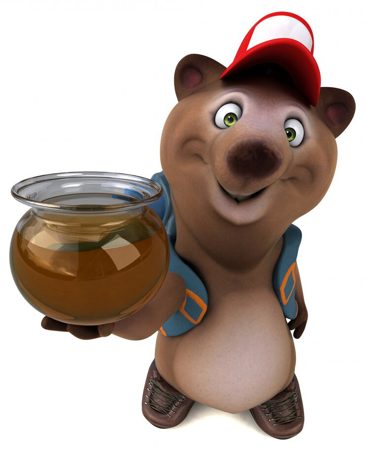 Foto divertido personagem de desenho animado de urso 3d mochileiro