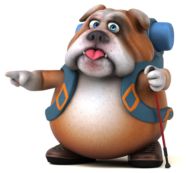 Divertido personaje de dibujos animados de bulldog mochilero