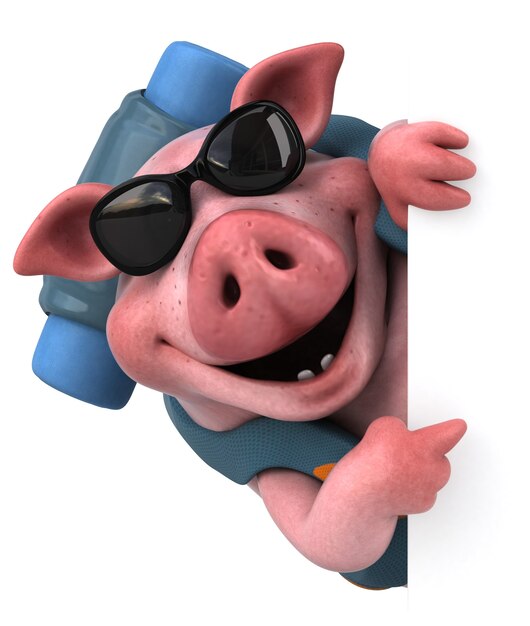 Divertido personaje de dibujos animados de cerdo mochilero